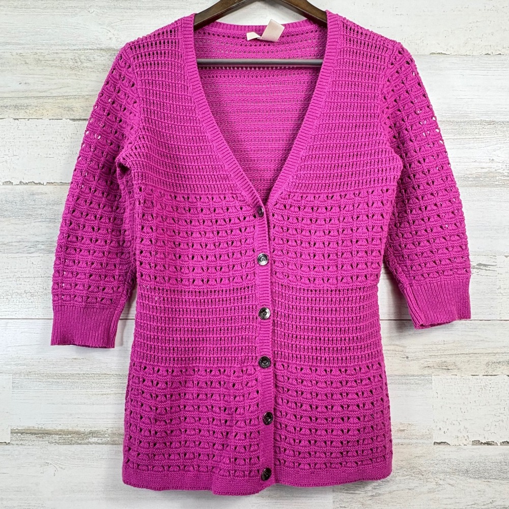 DKNY Jeans Cardigan Women Small Magenta Pink Crochet Knit 3/4 Sleeve V-Neck Boho